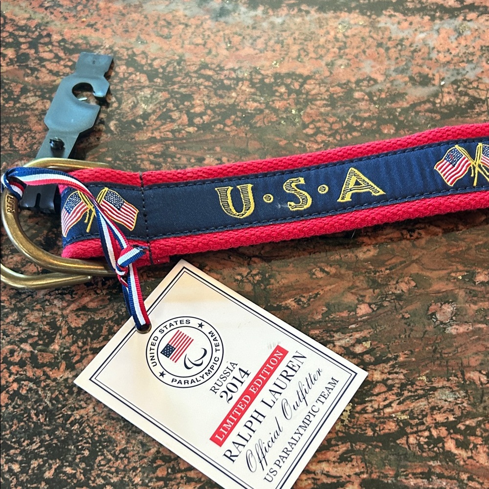 Ralph Lauren USA Flag Belt Red and Blue 2014 Russia Paralympic team 40” Olympics
